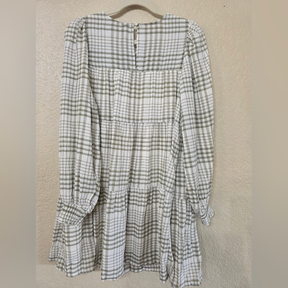 Green Plaid Puff Long Sleeve Fall Dress - Picture 7 of 8